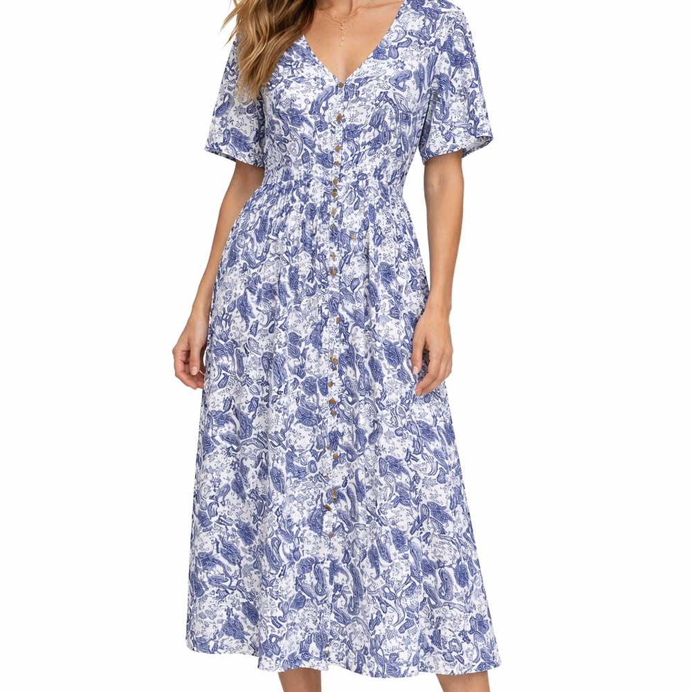 J. Gee Blue & White Floral Midi Dress 1X